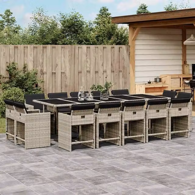 Berkfield Home 15 Piece Garden Dining Set with Light Grey Poly Rattan Cushions