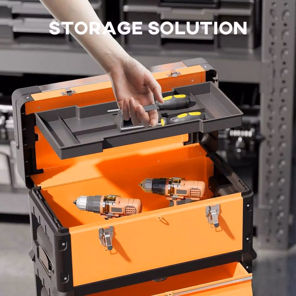 EONLION 3-Tier Stackable Steel Toolbox with Wheels, Orange, W: 100 cm, H: 200 cm, D: 100 cm – 4