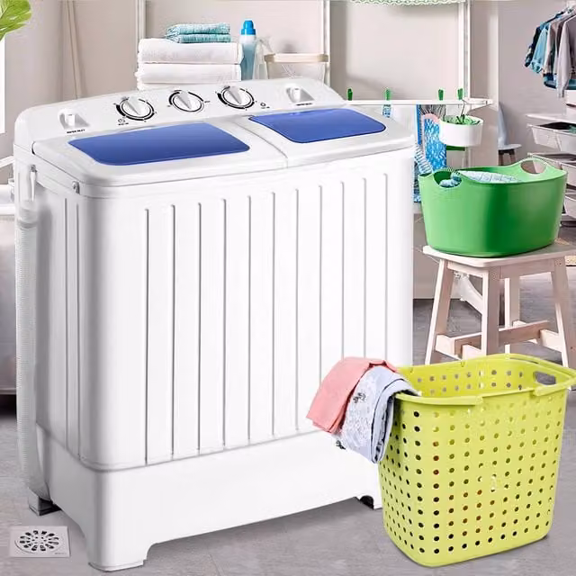 Costway Compact Twin Tub Mini Top Loader Washing Machine in White and Multicolour
