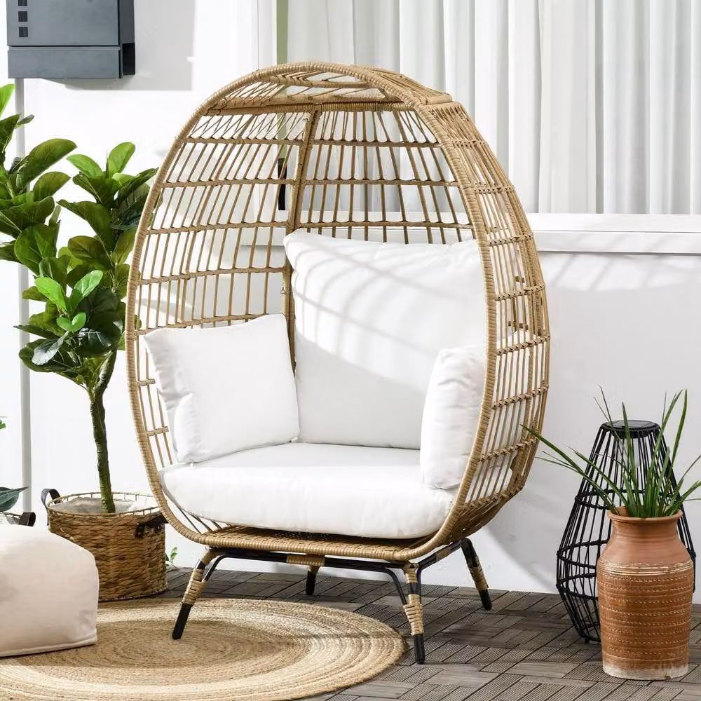 ERGOVEXA Polyrattan Egg Lounge Chair with Cushions and Pillows, Khaki – 4