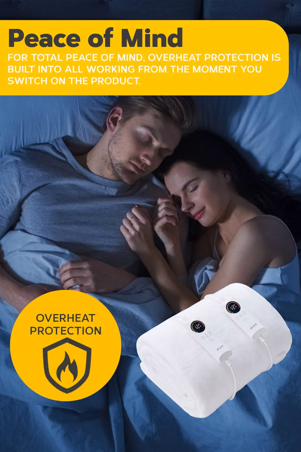 Air Pro Fleece Electric Blanket Fully Fitted Mattress Cover with Detachable Dual Controllers and Elastic Straps, White, W: 135 cm, D: 190 cm, H: 1 cm – 3