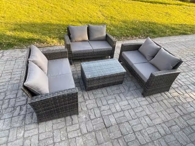 Fimous Dark Grey 6 Seater Outdoor Rattan Garden Furniture Set with Upholstered Cushions and Rectangular Coffee Table