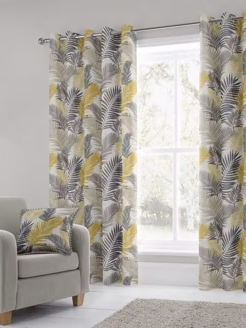 Fusion Tropical Exotic Palm Leaf Print 100% Cotton Eyelet Curtains in Yellow, Width: 168 cm, Drop: 229 cm – 1