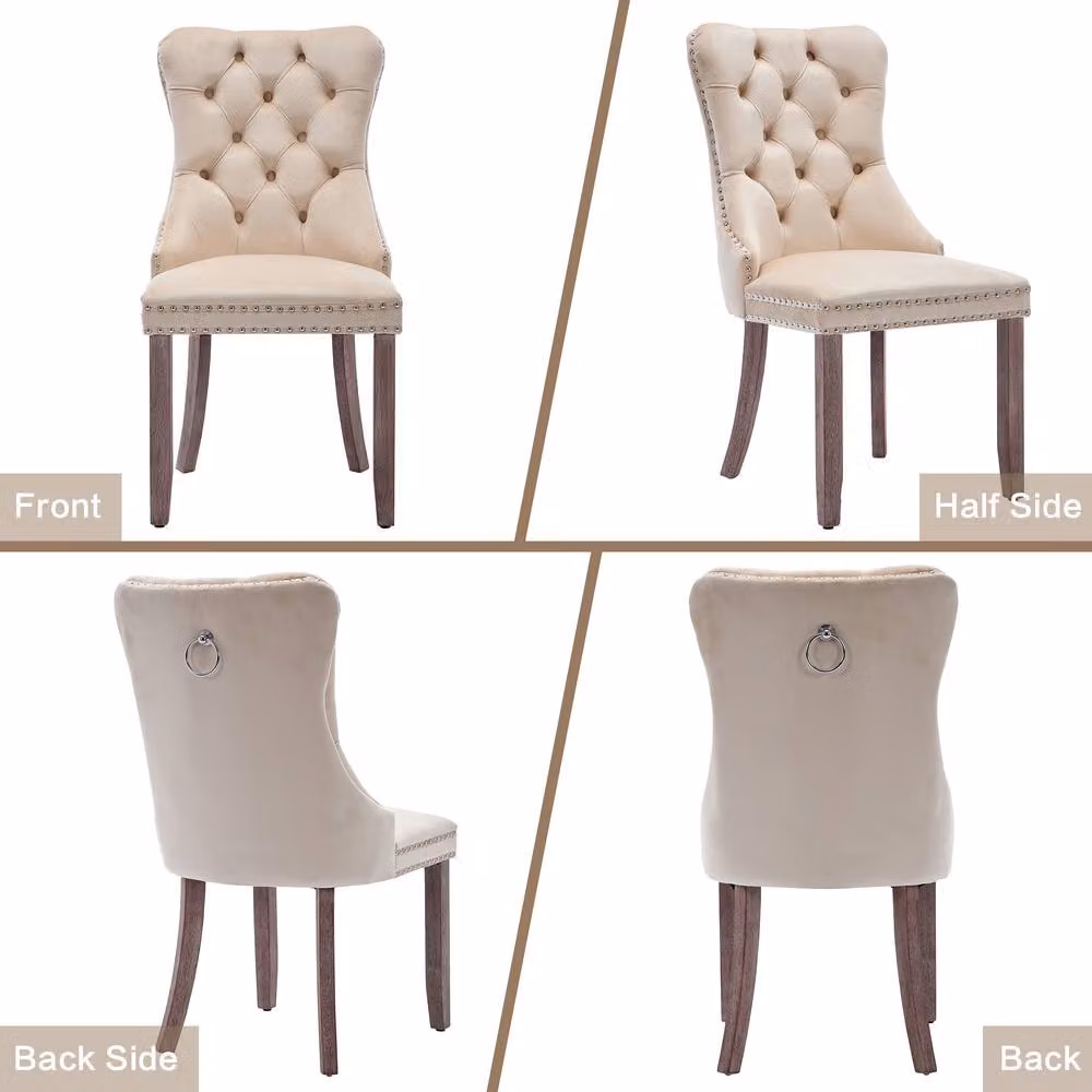 BTM Modern Set of 2 Beige Velvet Dining Chairs with Rubberwood Legs – 2
