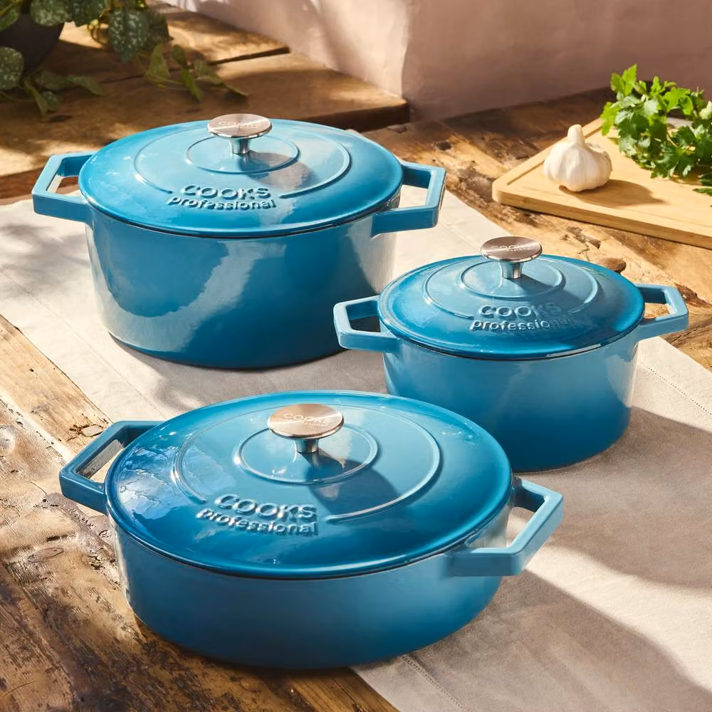 Cooks Professional 5 Piece Enamelled Cast Iron Casserole Dish and Frying Pan Set in Petrol – 3