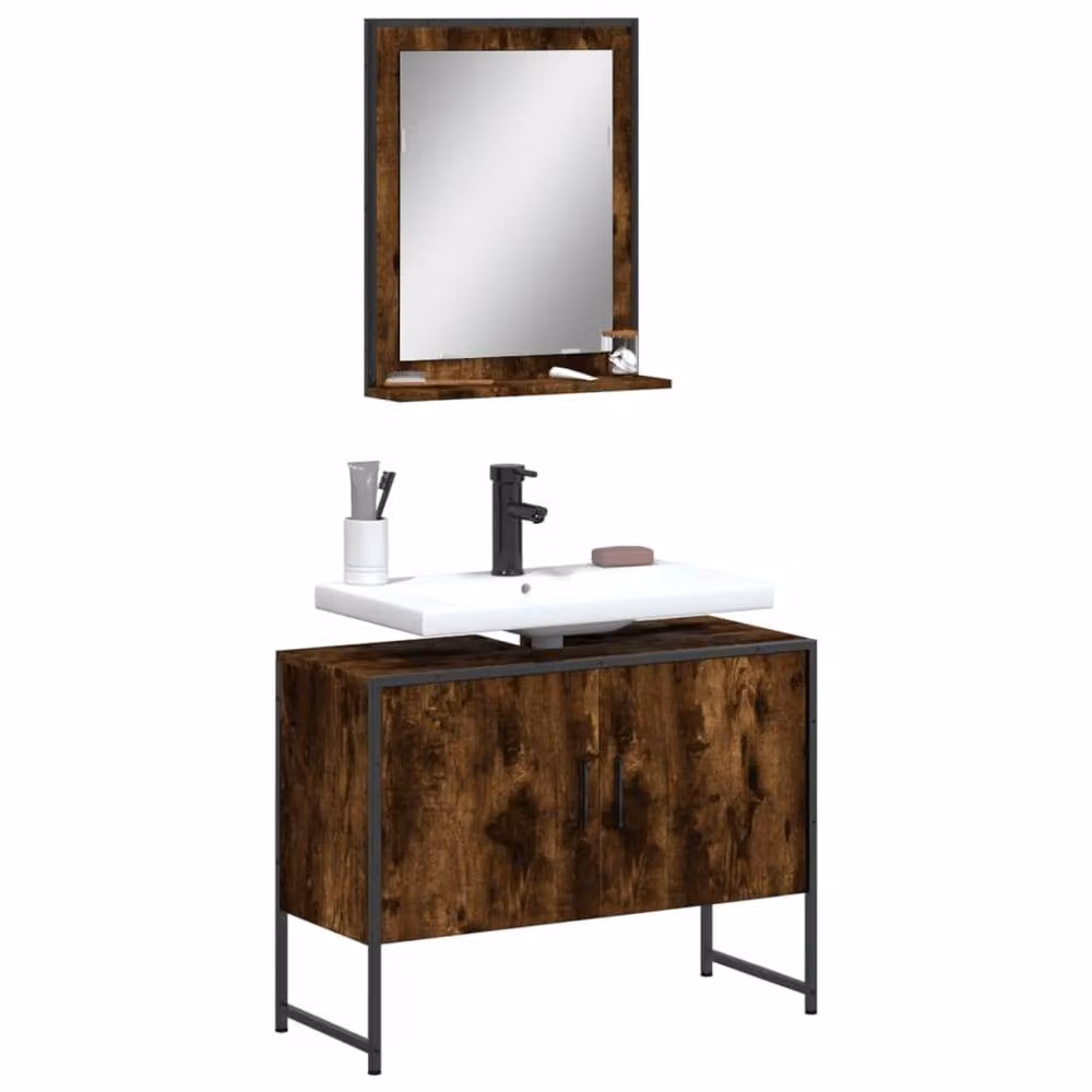 Berkfield Home 2 Piece Bathroom Cabinet Set in Smoked Oak Brown with Mirror Cabinet and Vanity Unit – 2