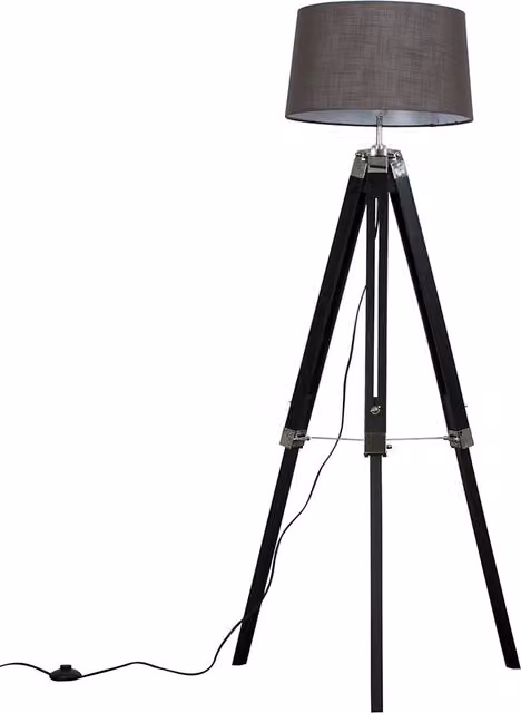 ValueLights Modern Tripod Floor Lamp with Black Wood and Silver Chrome Base and Grey Fabric Cone Shade