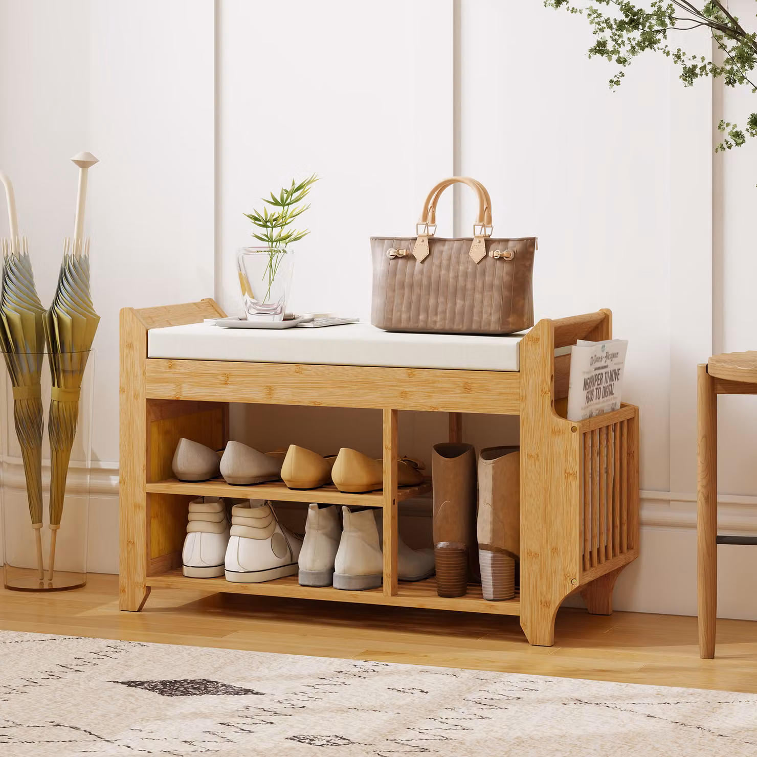 HOMCOM 2-Tier Scandinavian Shoe Bench with Cushioned Seat in Beige and Natural Wood, W/D/H: 100 x 30 x 50 cm – 2