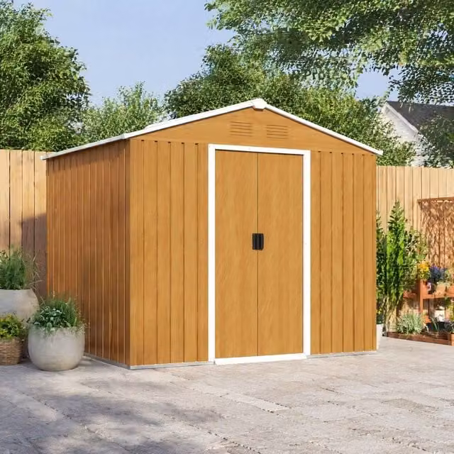 STILVORA Brown Galvanised Steel Garden Shed with Double Doors, Side Vent and Gable Roof, W/D/H: 226 x 226 x 196 cm – 1