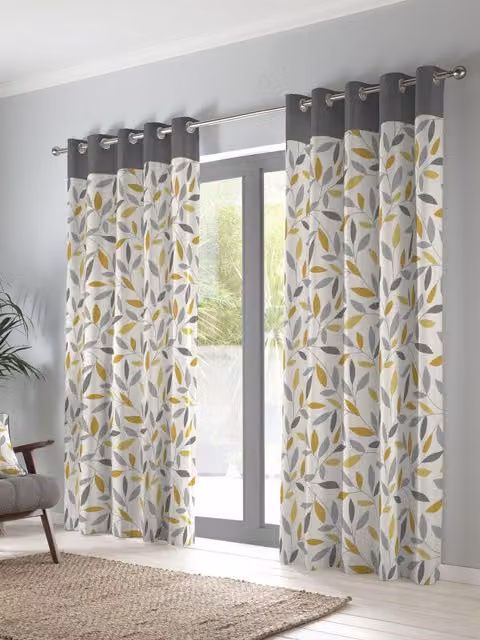 Fusion Beechwood Floral Eyelet Curtains in Yellow and Grey, 100% Cotton, W: 229 cm, H: 183 cm