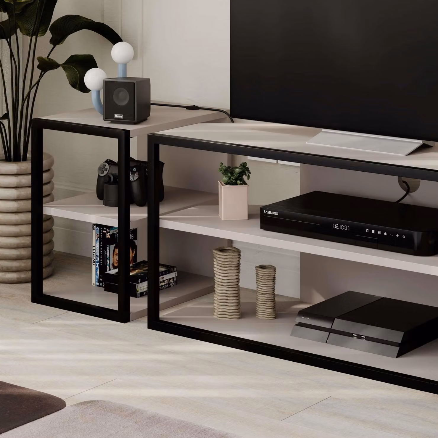 Decortie Echo Modern TV Unit and Side Unit Set with Metal Frame and Open Shelves in Grey – 3