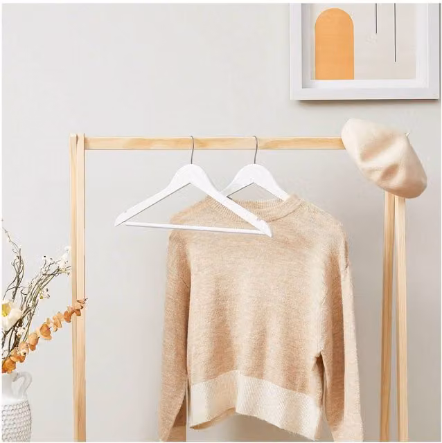 SONGMICS White Eucalyptus Wood Hangers with Anti-Slip Trousers Bar and Swivel Hook