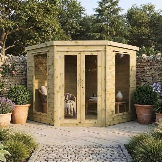 Waltons Green Wooden Flat Roof Corner Summerhouse with Window and Floor