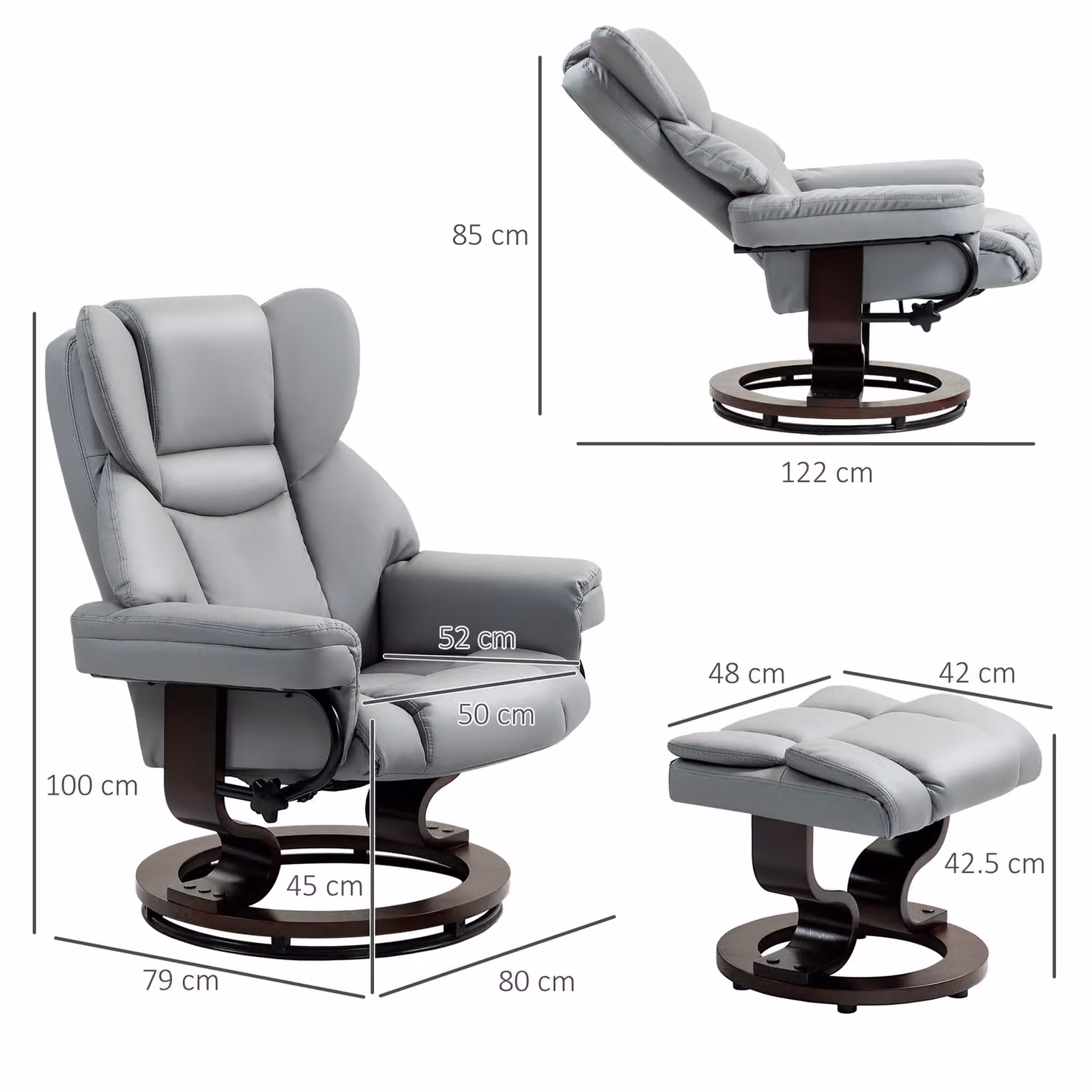 HOMCOM Faux Leather Swivel Recliner Chair and Footstool with Adjustable Backrest in Light Grey – 3