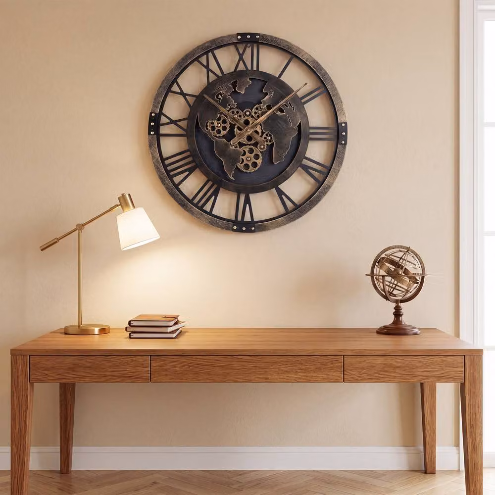 Gymax Vintage World Map Decorative Gear Wall Clock in Brown, Diameter: 68 cm – 3
