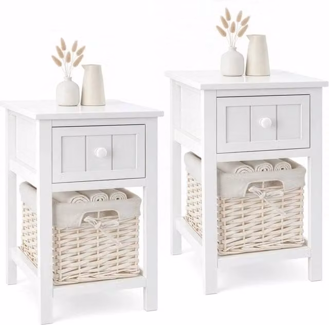 VOGREX Set of 2 Shabby Chic White Bedside Tables with Wicker Rattan Baskets and Drawers