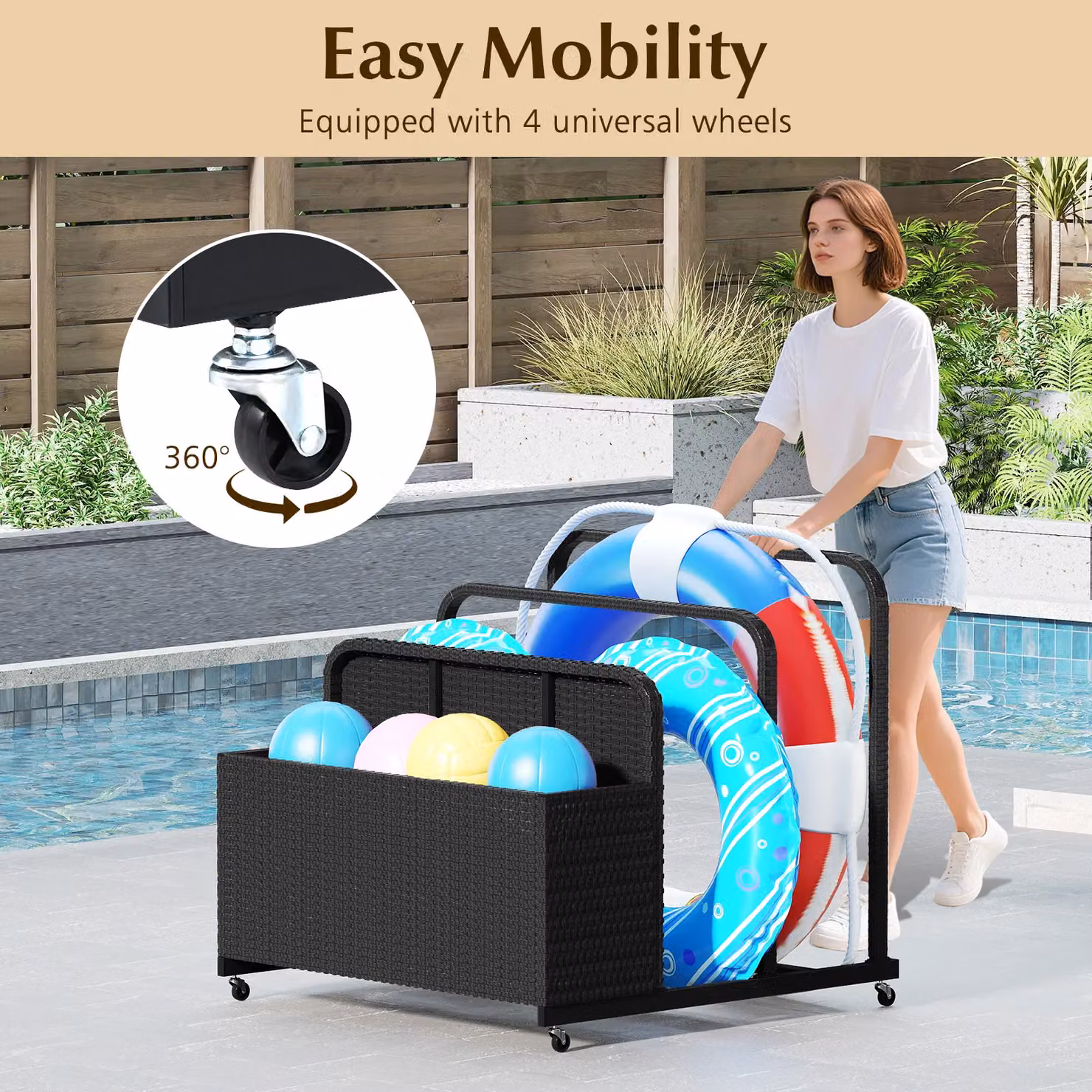 Costway Wicker Patio Pool Float Storage Organizer Caddy Basket in Black – 3