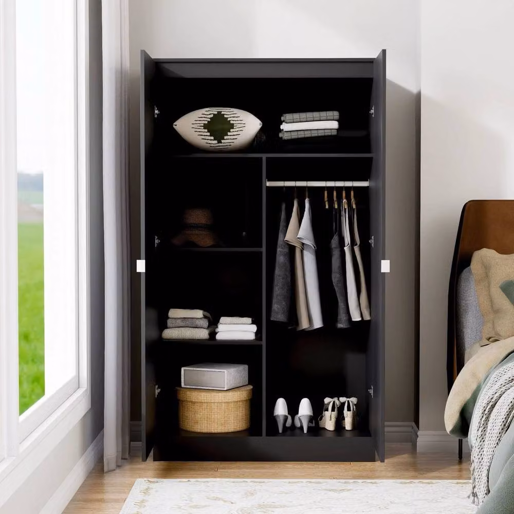 PAWNORA Modern Black Matt Wardrobe with Hinged Doors, Hanging Rod and Internal Shelves – 3