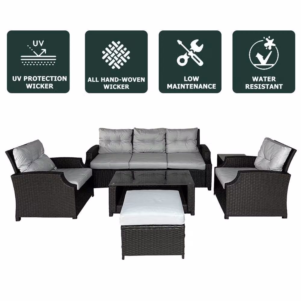 FURNITURE ONE 6 Piece Grey Rattan Garden Furniture Set with Upholstered Cushions for 6 People – 5