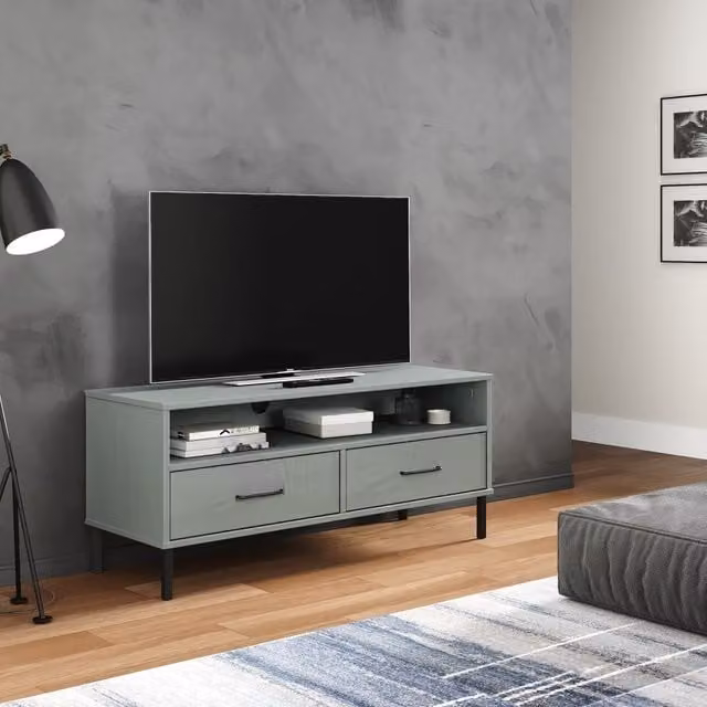 Berkfield Home Oslo TV Cabinet in Grey Solid Pine Wood with Metal Legs – 1