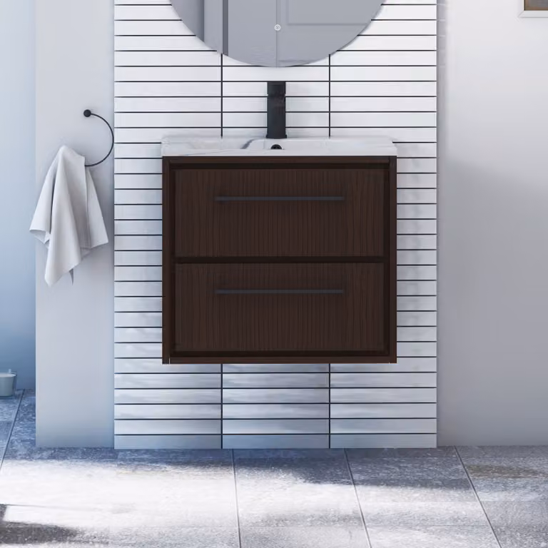 Livora Walnut Woodgrain Wall Hung Vanity Unit with Carrara White Basin and Matt Black Handles