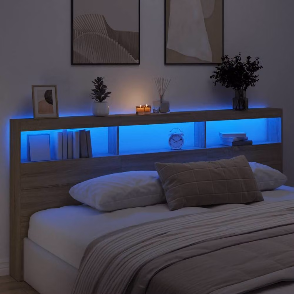 Berkfield Home LED Headboard Cabinet in Sonoma Light Oak, W: 220 cm, D: 17 cm, H: 102 cm – 3