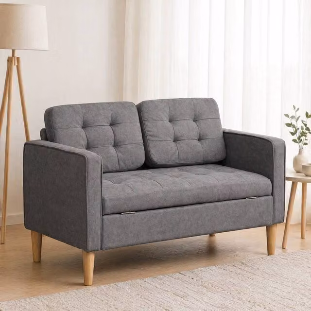 STILVORA Grey Fabric Upholstered Sofa with Hidden Storage and Solid Rubberwood Frame