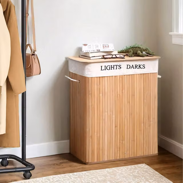 SONGMICS Bamboo 2-Section Laundry Hamper and Sorter with Removable Liners, Yellow