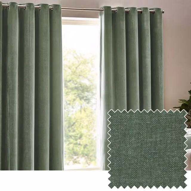 Make It A Home Heavy Chenille Velvet Eyelet Curtains, Green, W: 183 cm, H: 229 cm