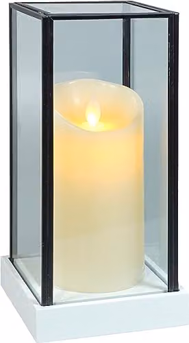 St Helens Home & Garden Xmas Haus Festive Hurricane Glass Holder with Battery Operated LED Flicker Flame Candle, White and Transparent – 1