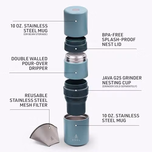 VSSL Nest Pour Over Coffee Kit with Two Stainless Steel Travel Mugs in Green or Blue – 3