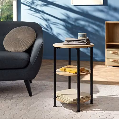 tectake 3-Tier Round Side Table with Industrial Steel Frame and Wood-Look Tabletop in Dark Wood, Ø 40 x H 61 cm – 2