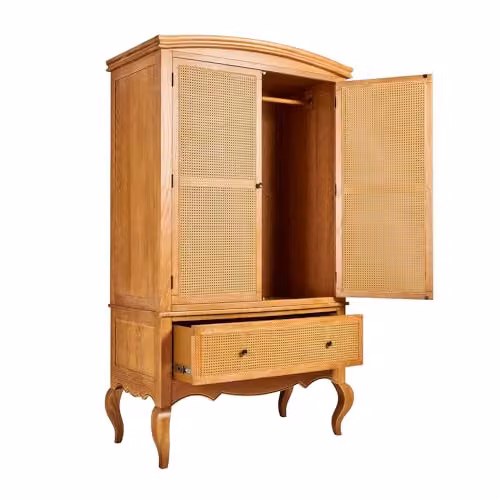 Louis Large Wooden Double Wardrobe with Rattan Cane Doors and Drawer in Aged Oak Finish, W: 126 cm, H: 216 cm, D: 65 cm – 3