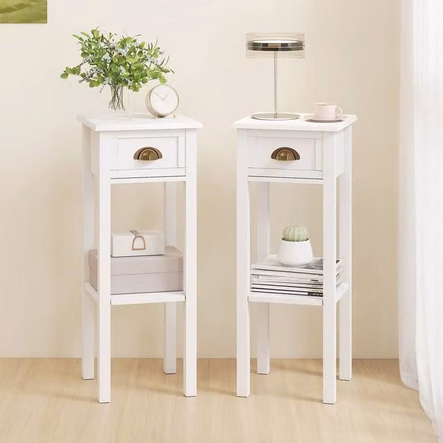HOMCOM Set of 2 Narrow Bedside Tables with Drawer, White, W/D/H: 30 x 30 x 75 cm – 1