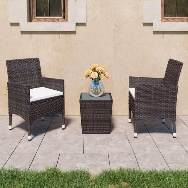Berkfield Home 3 Piece Brown Poly Rattan Garden Bistro Set with Tempered Glass Table – 1