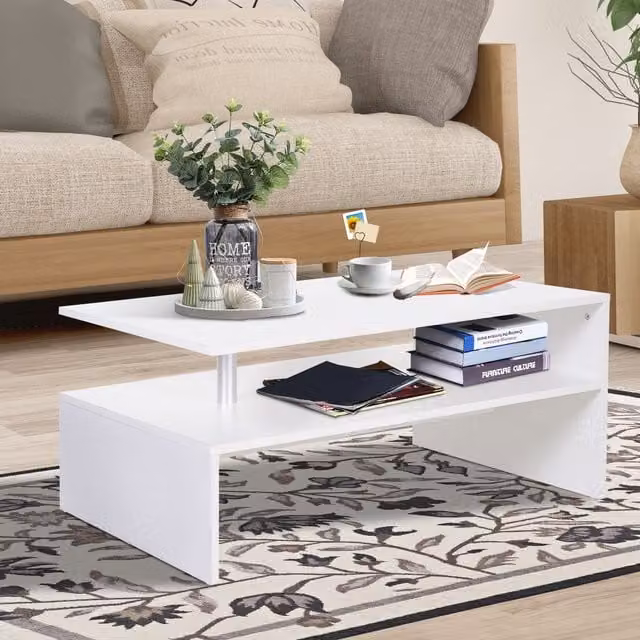 HOMCOM Modern 2-Tier White Coffee Table with Open Shelf – 1