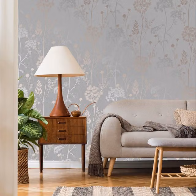 Superfresco Cow Parsley Floral Botanical Vinyl Wallpaper in Grey and Gold