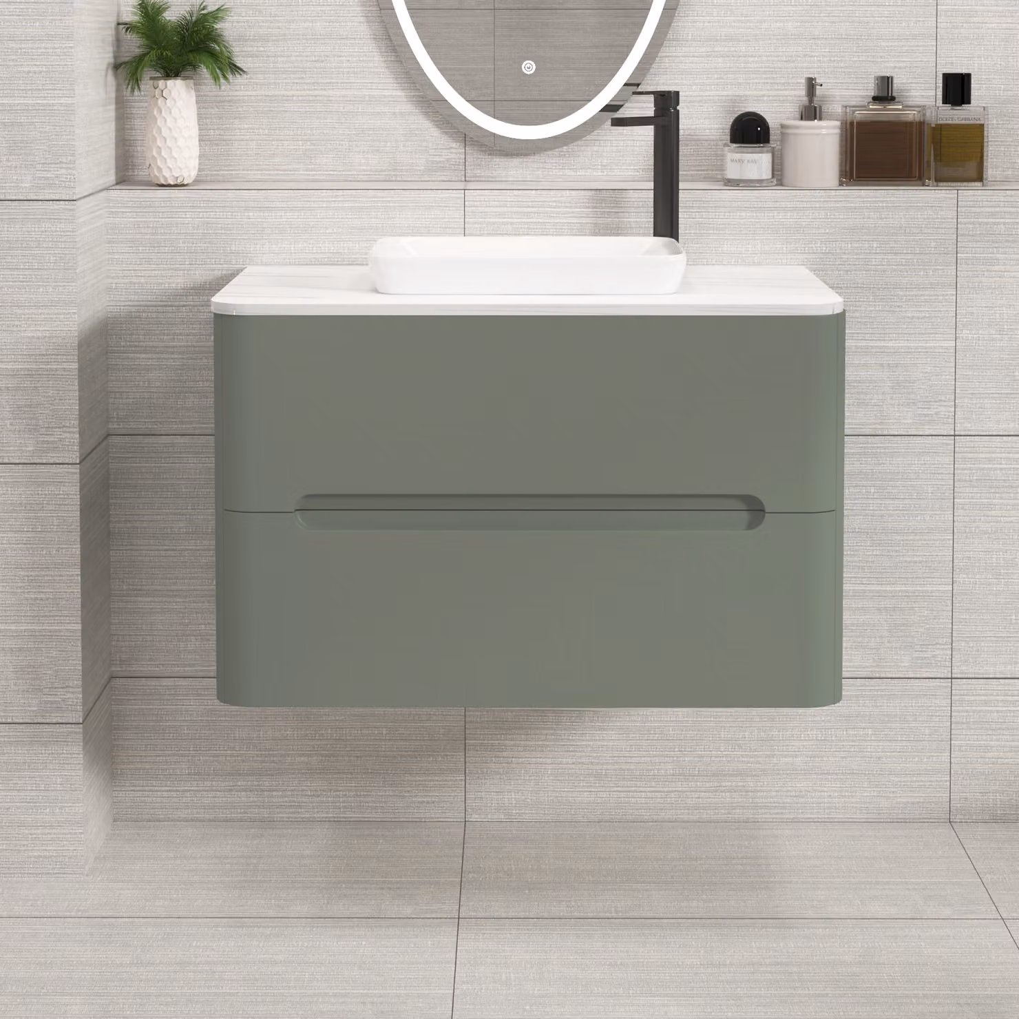 Royal Bathrooms Venice 800mm Sage Green Wall Hung Vanity Unit with 2 Drawers and Qubix Basin