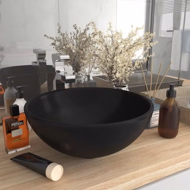 Berkfield Home Luxury Round Ceramic Bathroom Basin in Matt Black, W: 32.5 cm, H: 14 cm