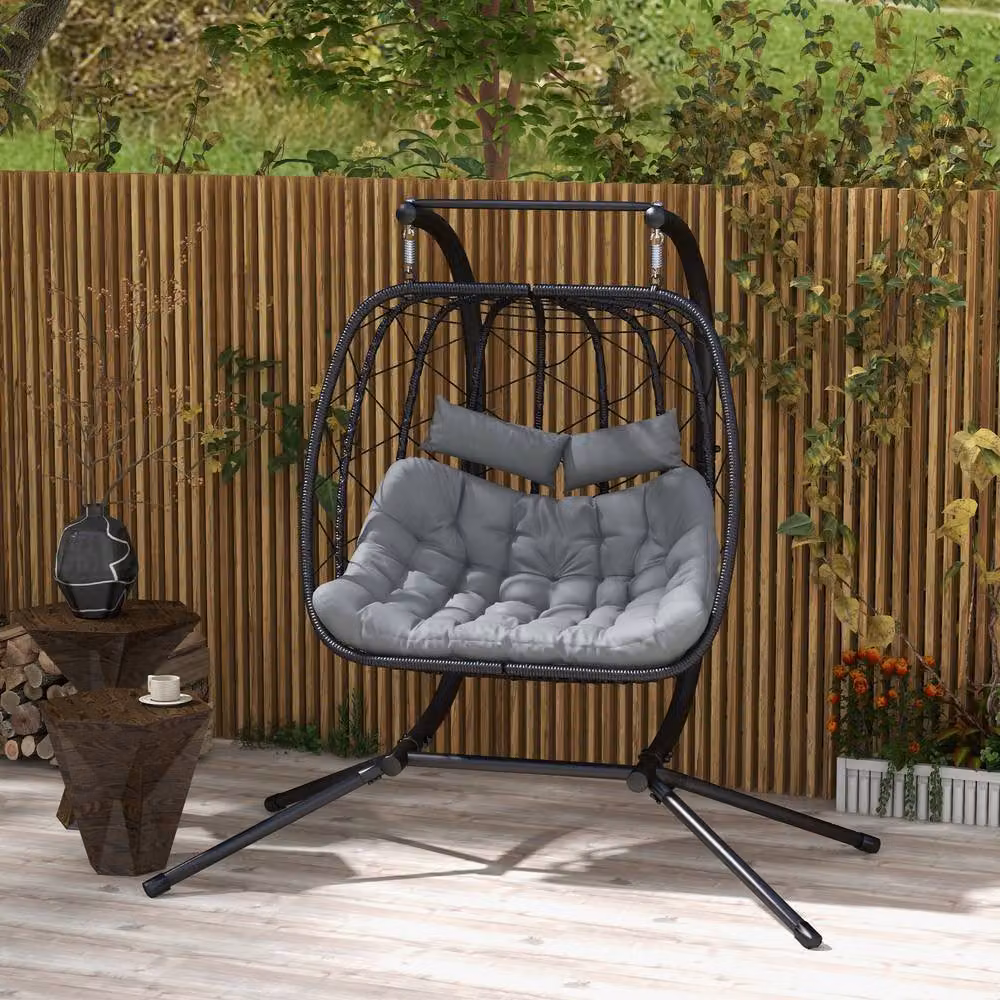 ERGOVEXA Two-Seater Hanging Egg Chair with Steel Frame, Black, H 189 x W 132 x D 132 cm – 3
