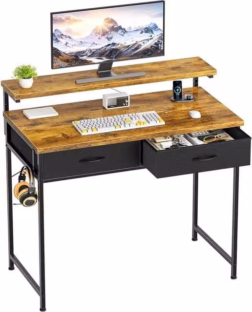 FORGEVIO Brown Computer Desk with 2 Storage Drawers and Adjustable Monitor Stand