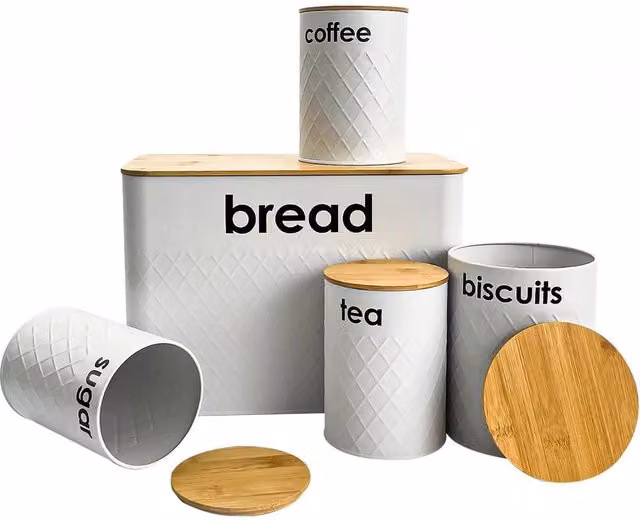 FLAVORA 5-Piece White Bread Bin and Airtight Canister Set with Bamboo Lids