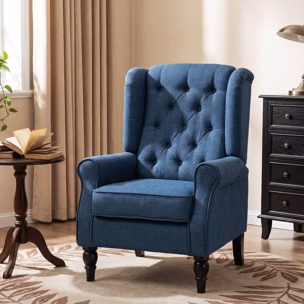 STILVORA Blue Fabric Wingback Chair with Solid Wood Frame and Armrests – 2