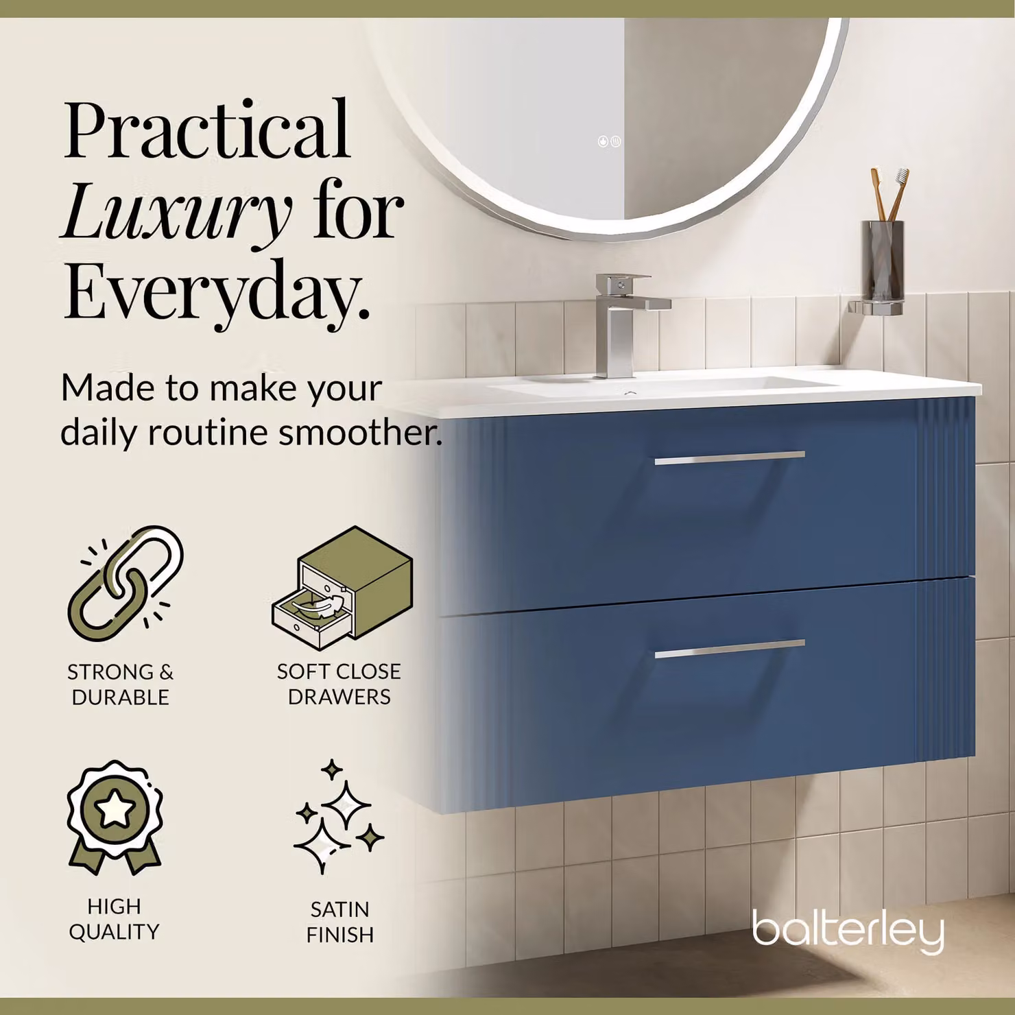 Balterley Wall Hung 2 Drawer Vanity Unit with Minimalist Basin, Satin Blue – 3