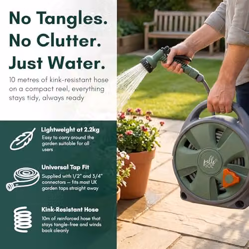 Pelle & Sol Green Wall Mounted Garden Hose Reel with 10m Kink Resistant Hose and 7 Mode Spray Gun – 3