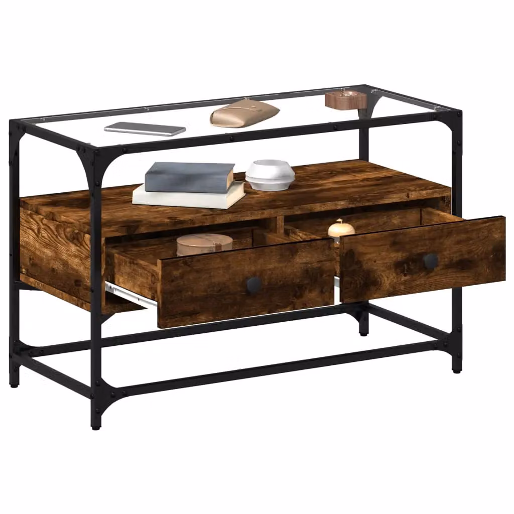 Berkfield Home Industrial TV Cabinet with Glass Top in Smoked Oak and Brown, W/D/H: 80 x 35 x 51 cm – 2