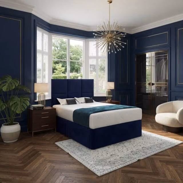 Casani Goostrey Blue Velvet Upholstered Divan Bed Frame with Floorstanding Headboard and Drawers, W/D/H: 200 x 137 x 200 cm – 1