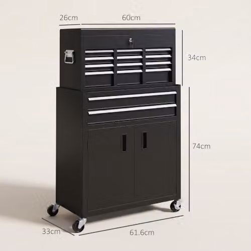 HOMCOM Metal Tool Chest and Roller Cabinet Combo with 6 Drawers, Black, W: 61.6 cm, D: 33.0 cm, H: 108.0 cm – 3