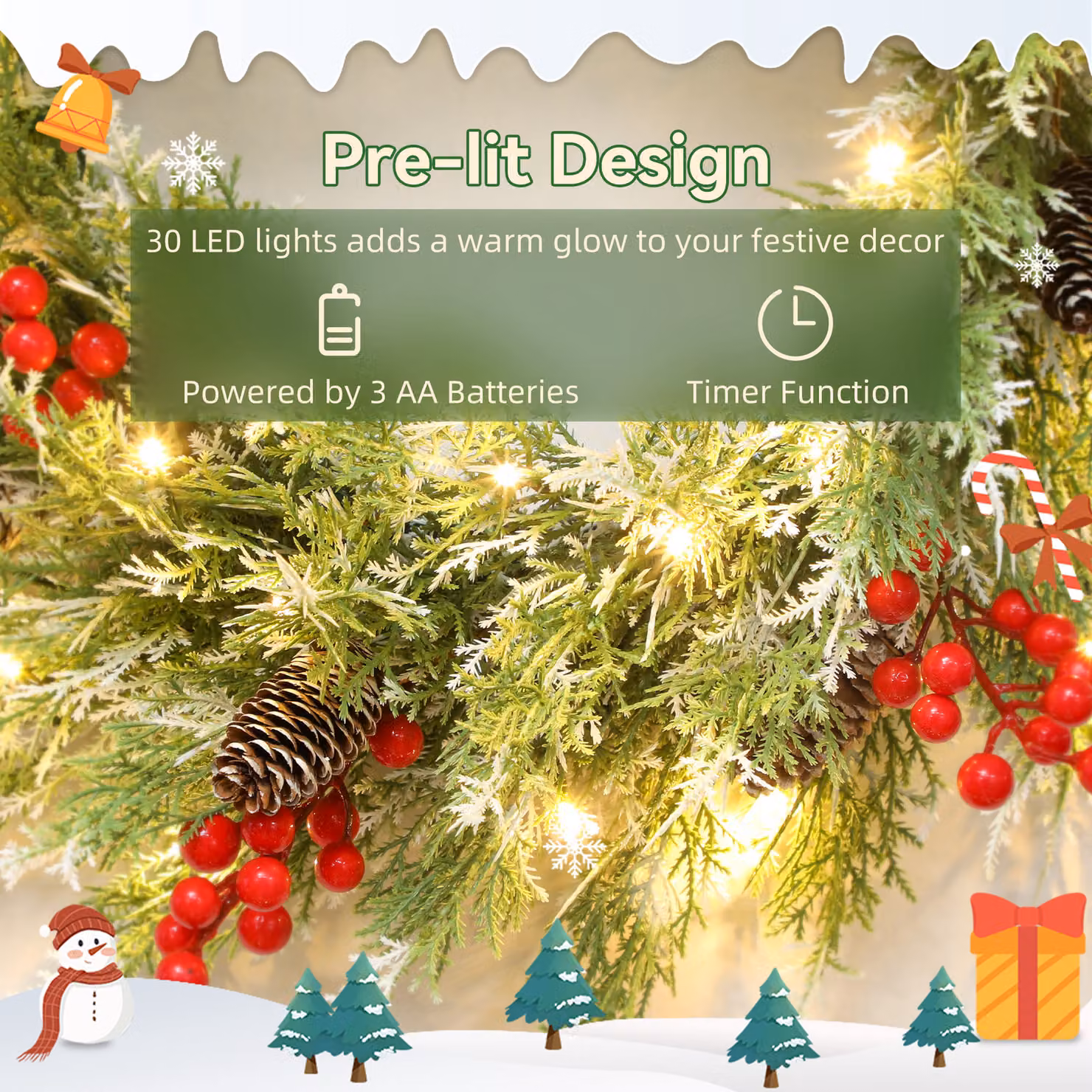 HOMCOM Green Prelit Christmas Door Wreath with 30 Warm White LEDs and Realistic Branches, 60 cm Diameter – 5