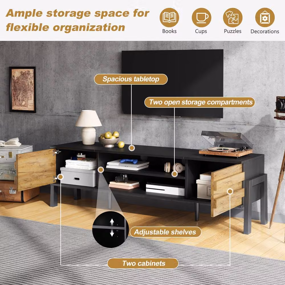 Merax Modern Black Low TV Stand with Soft-Close Cabinets, W: 175 cm, D: 53 cm, H: 53 cm – 3